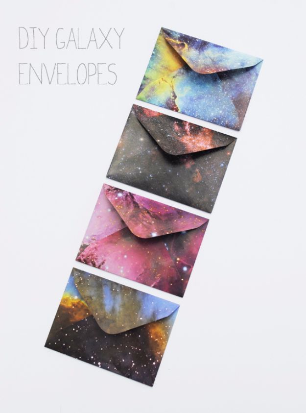 Galaxy DIY Crafts - DIY Galaxy Envelopes - Easy Room Decor, Cool Clothes, Fun Fabric Ideas and Painting Projects - Food, Cookies and Cupcake Recipes - Nebula Galaxy In A Jar - Art for Your Bedroom - Shirt, Backpack, Soap, Decorations for Teens, Kids and Adults http://diyprojectsforteens.com/galaxy-crafts