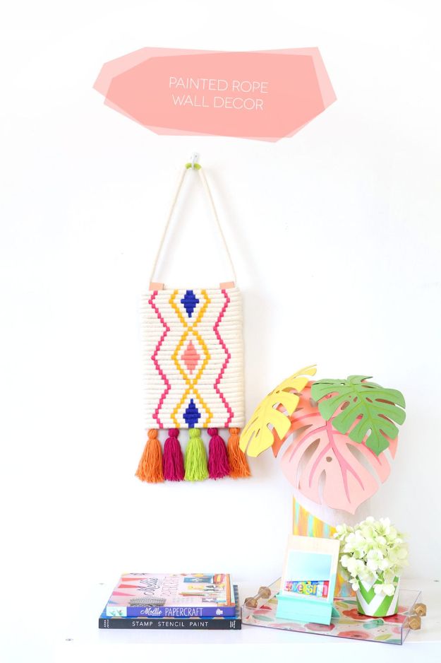 Cheap Wall Decor Ideas - DIY Painted Rope Wall Decor - Cute and Easy Room Decor for Teens - Ideas for Teenager Bedroom Walls - Boys and Girls Room Canvas Wall Art and Decorating #teen #roomdecor #diydecor https://diyprojectsforteens.com/cheap-diy-wall-decor-ideas