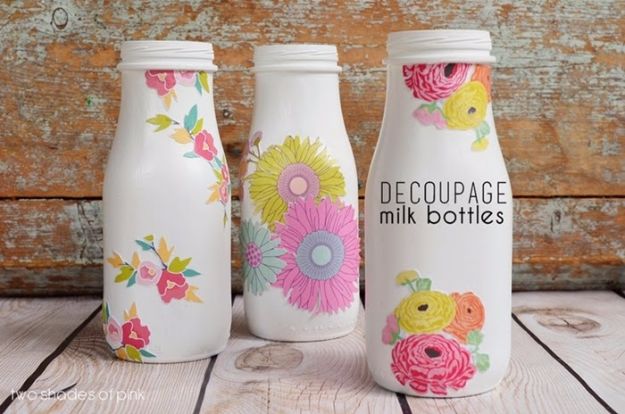Mod Podge Crafts - Decoupage Milk Bottles - DIY Modge Podge Ideas On Wood, Glass, Canvases, Fabric, Paper and Mason Jars - How To Make Pictures, Home Decor, Easy Craft Ideas and DIY Wall Art for Beginners - Cute, Cheap Crafty Homemade Gifts for Christmas and Birthday Presents http://diyjoy.com/mod-podge-crafts