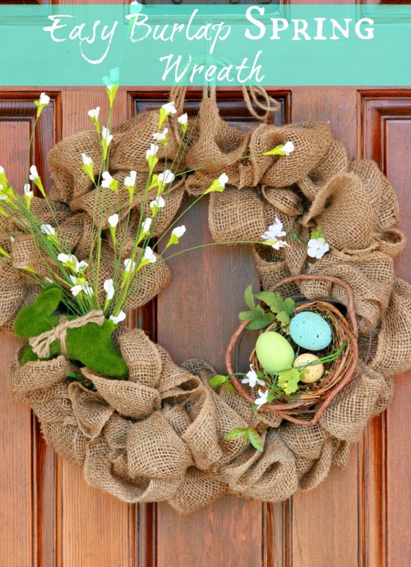 Easy Burlap Spring Wreath with nest | 25+ Spring wreaths