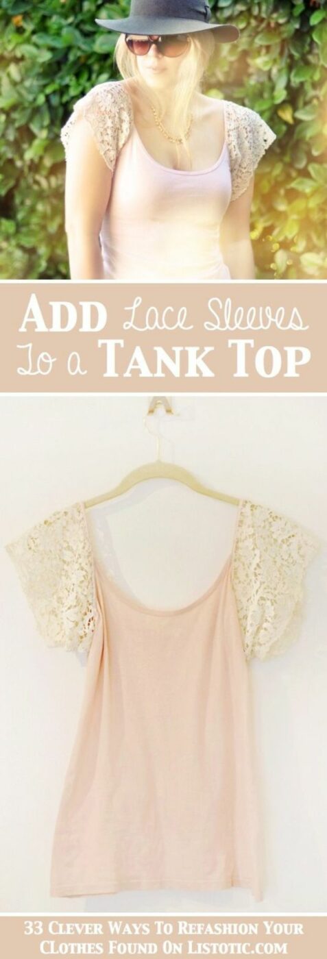 T-Shirt Makeovers - Easy DIY Lace Sleeve Tank Top - Fun Upcycle Ideas for Tees - How To Make Simple Awesome Summer Style Projects - Cute Sleeve and Neckline Ideas - Cheap and Easy Ways To Upcycle Tshirts for Fun Clothes and Fashion - Quick Projects for Teens and Teenagers on A Budget http://diyprojectsforteens.com/t-shirt-makeovers