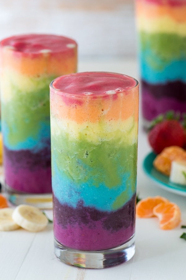 Not only is this fruit smoothie pretty, it's also delicious and full of nutrients! We love this rainbow smoothie, so pretty and it's fun to make too!