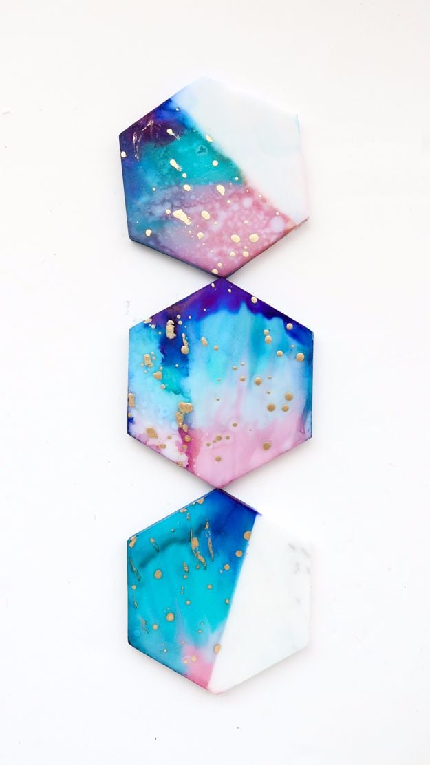 Galaxy DIY Crafts - Galaxy Color Blocked Marble Coasters - Easy Room Decor, Cool Clothes, Fun Fabric Ideas and Painting Projects - Food, Cookies and Cupcake Recipes - Nebula Galaxy In A Jar - Art for Your Bedroom - Shirt, Backpack, Soap, Decorations for Teens, Kids and Adults http://diyprojectsforteens.com/galaxy-crafts