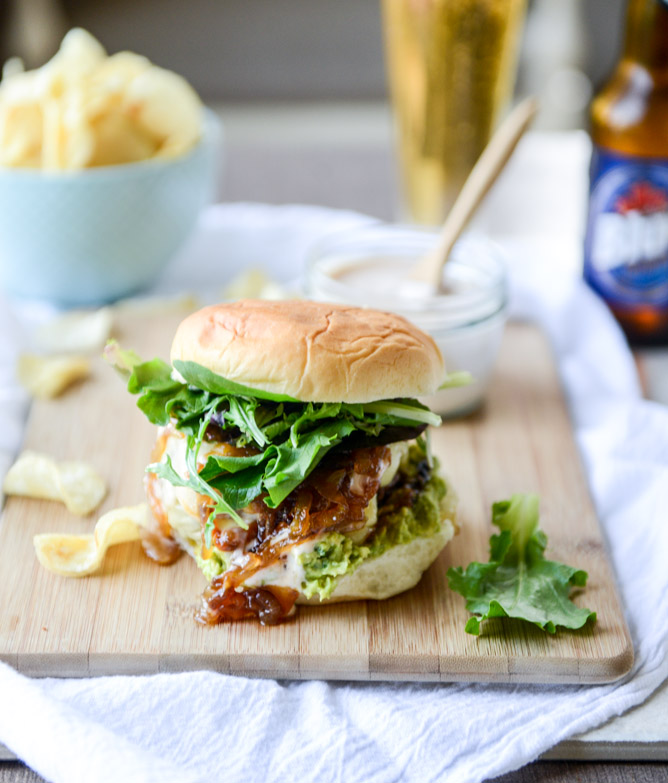 Goat cheese guac burgers with cheddar and caramelized onions | 25+ Burger recipes