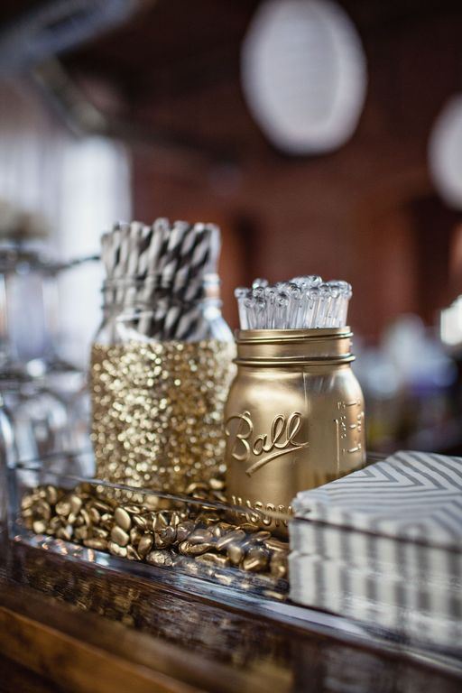 Gold mason jars | 25+ Oscar Party Ideas