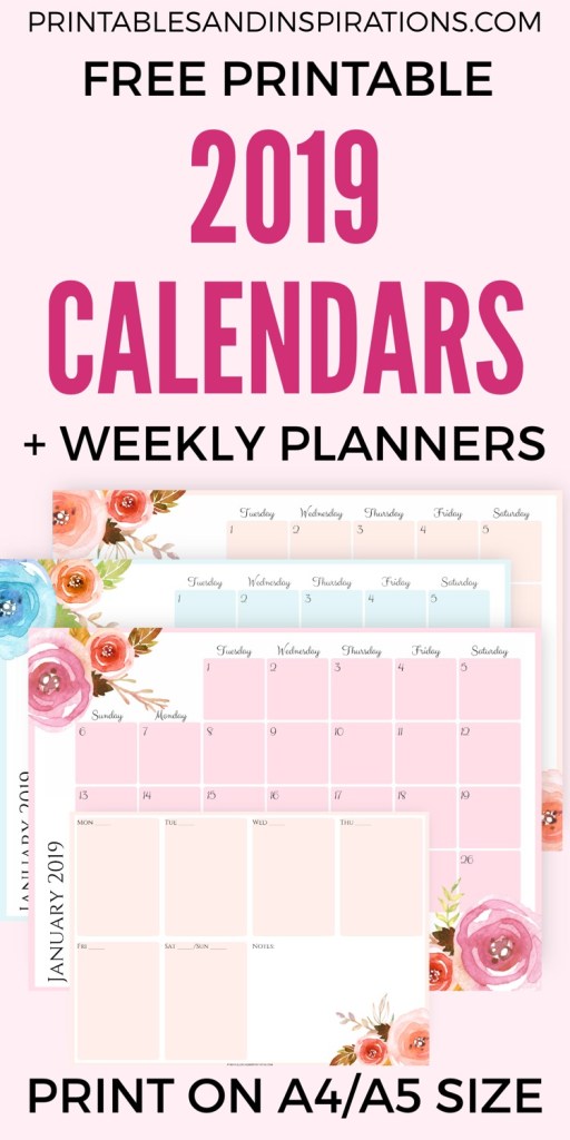 Free Printable 2019 Horizontal Calendar And Weekly Planner! A4 and A5 size monthly calendar in 3 floral designs. Get your free download now! #2019calendar #freeprintable #printableplanner #printablesandinspirations