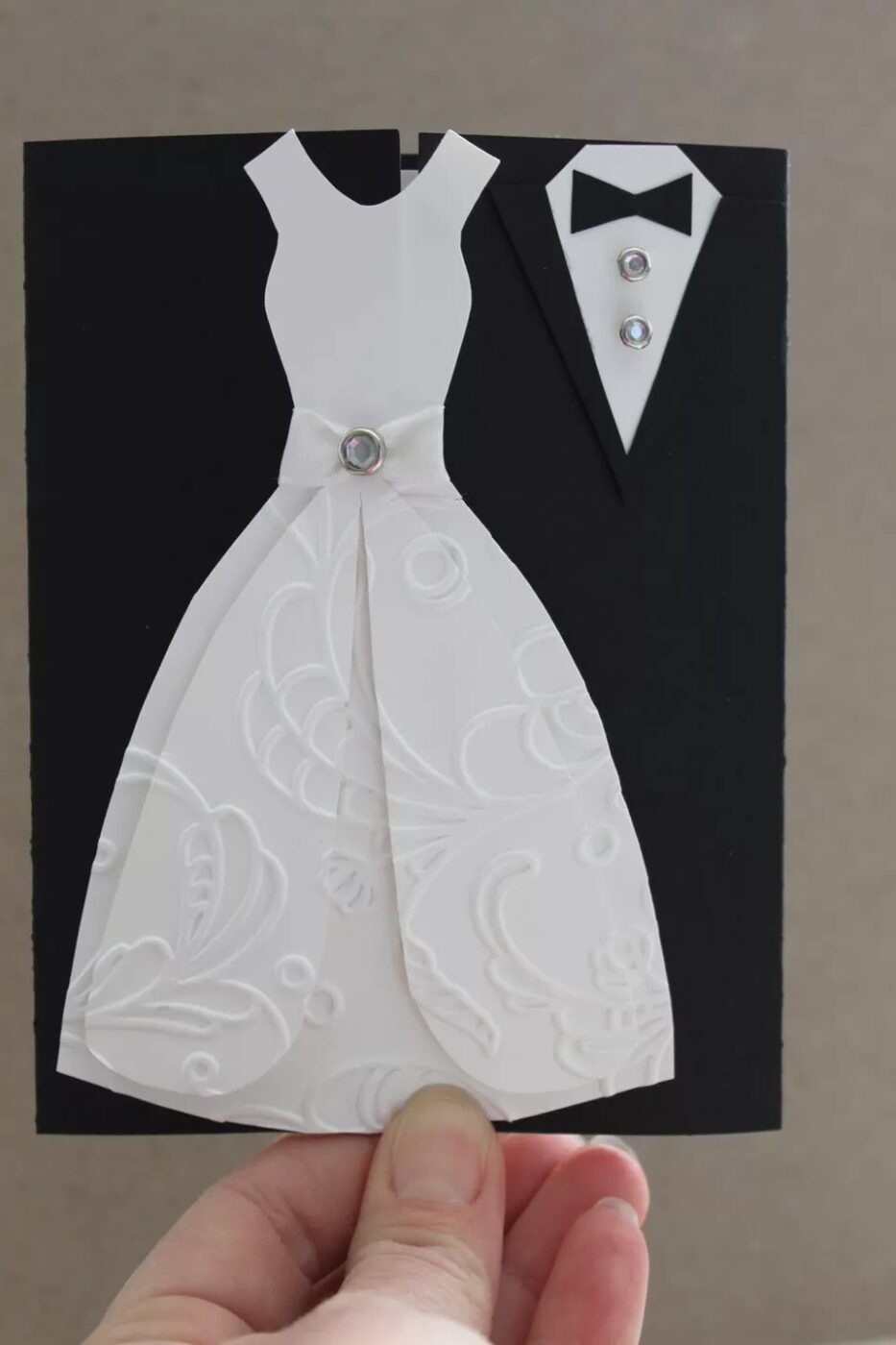 Wedding dress and tuxedo greeting card