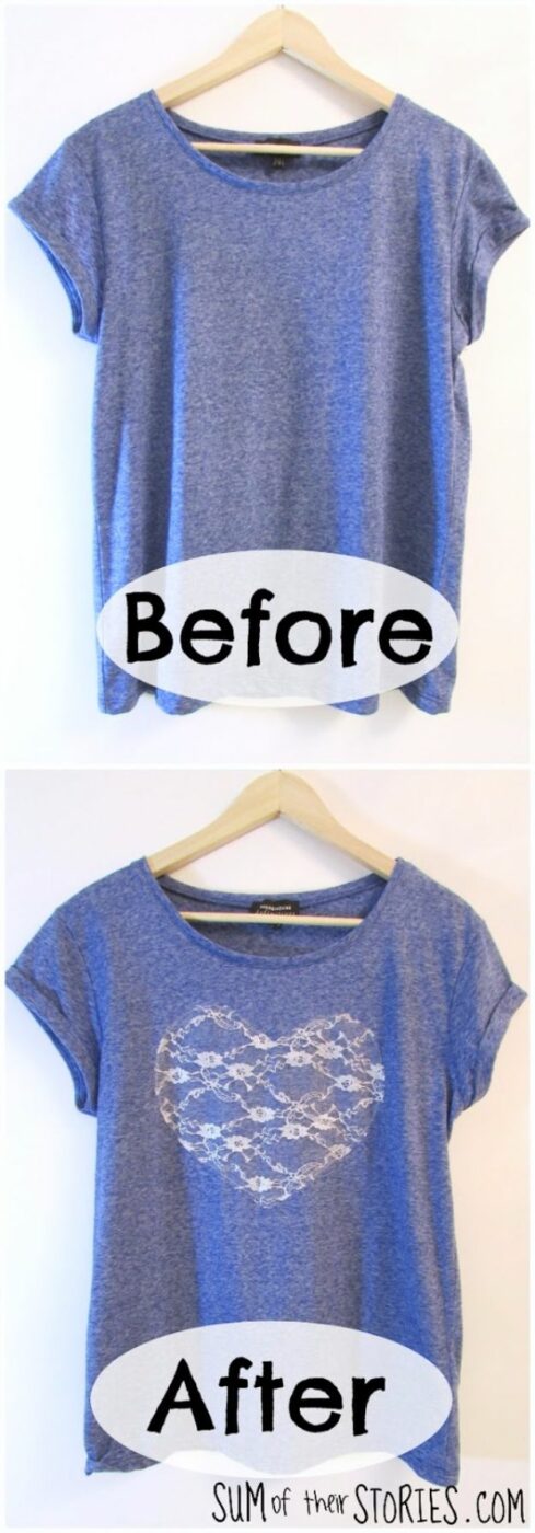 T-Shirt Makeovers - Lace Heart T-Shirt Refashion - Fun Upcycle Ideas for Tees - How To Make Simple Awesome Summer Style Projects - Cute Sleeve and Neckline Ideas - Cheap and Easy Ways To Upcycle Tshirts for Fun Clothes and Fashion - Quick Projects for Teens and Teenagers on A Budget http://diyprojectsforteens.com/t-shirt-makeovers