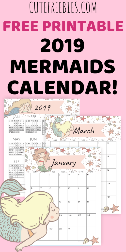 Free Little Mermaid Calendar For 2019! This cute 2019 monthly calendar has a unique mermaid for each month. Free download now! #2019calendar #cutefreebies #freeprintable #mermaid