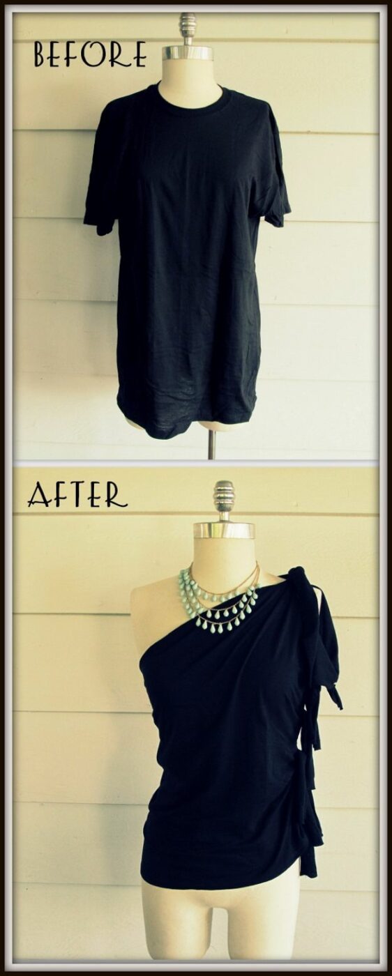 T-Shirt Makeovers - No-Sew One Shoulder Shirt DIY - Fun Upcycle Ideas for Tees - How To Make Simple Awesome Summer Style Projects - Cute Sleeve and Neckline Ideas - Cheap and Easy Ways To Upcycle Tshirts for Fun Clothes and Fashion - Quick Projects for Teens and Teenagers on A Budget http://diyprojectsforteens.com/t-shirt-makeovers