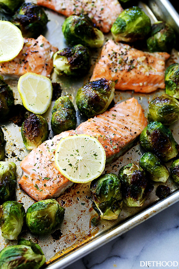 One Sheet Pan Garlic Roasted Salmon With Brussel Sprouts | 25+ Brussels Sprout Recipes