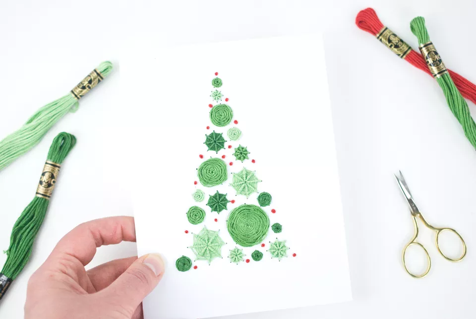 Embroidered Polka Dot Tree Christmas Card