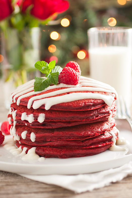 Red Velvet Pancakes with Cream Cheese Glaze 25+ Fun Christmas Breakfast Ideas for Kids | NoBiggie.net