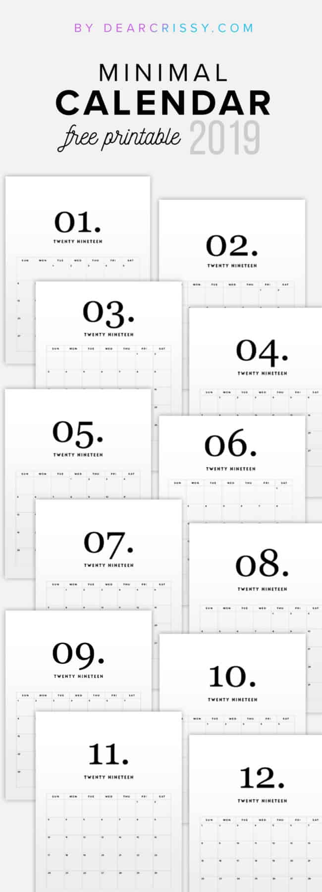 Free Printable 2019 Minimal Calendar - Modern Calendar - Minimalist Calendar - Clean White Calendar 2019 - #2019Calendar #Printable #Calendar #minimalist #modern #simple