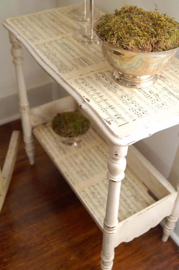 Mod Podge Crafts - Sheet Music Side Table - DIY Modge Podge Ideas On Wood, Glass, Canvases, Fabric, Paper and Mason Jars - How To Make Pictures, Home Decor, Easy Craft Ideas and DIY Wall Art for Beginners - Cute, Cheap Crafty Homemade Gifts for Christmas and Birthday Presents http://diyjoy.com/mod-podge-crafts