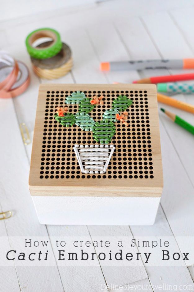 DIY Cactus Crafts | Simple Cacti Embroidery Box l Craft Ideas and Home Decor | Painting Tutorials, Gifts, Rocks, Cardboard, Wood Cactus Decorations