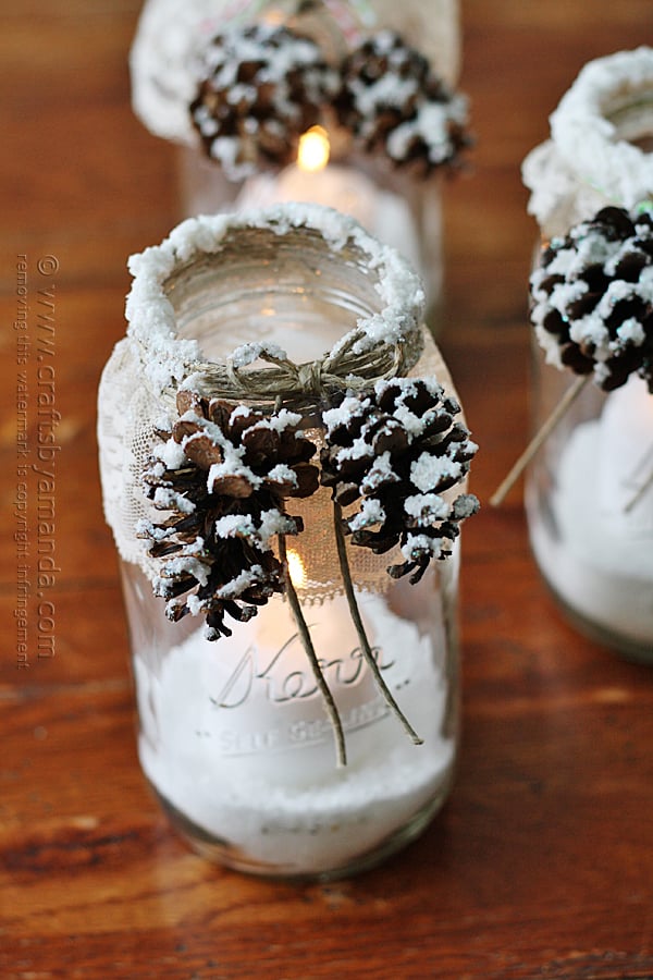 Snowy Pinecone candle jars | 25+ Winter decor crafts