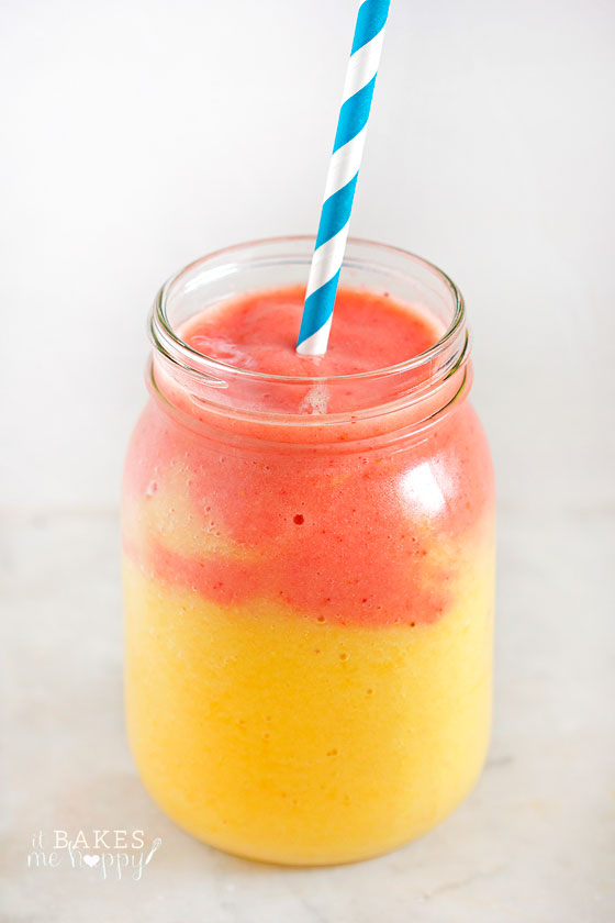 Love this easy Sunrise Smoothie recipe! A cool, refreshing blend of mango, pineapple and strawberry this Sunrise Smoothie is the perfect tropical infused smoothie to start your morning off right!