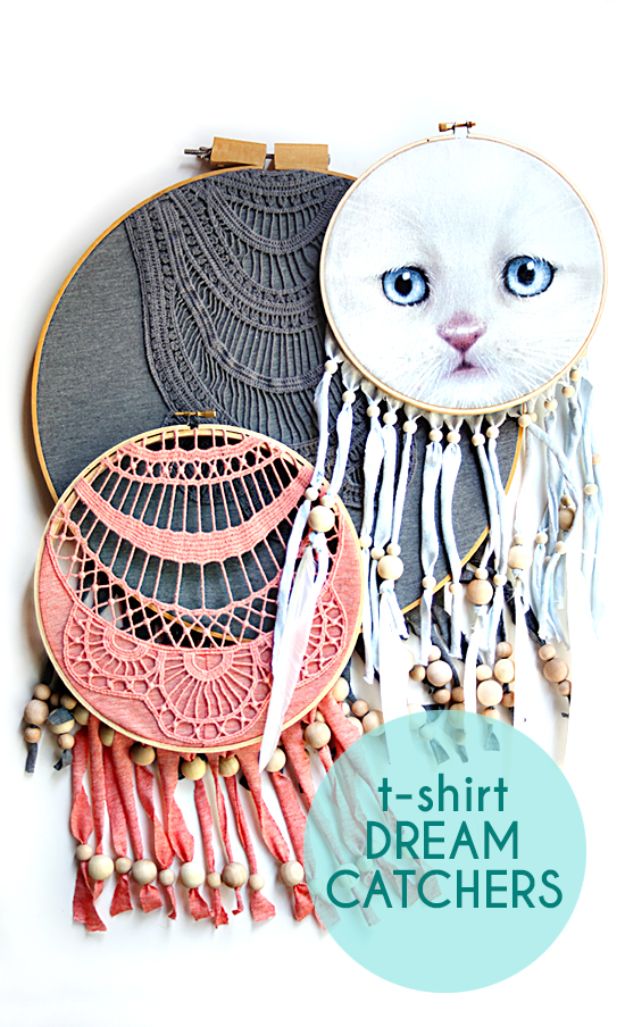 DIY Dream Catchers - T-Shirt Dreamcatcher - How to Make a Dreamcatcher Step by Step Tutorial - Easy Ideas for Dream Catcher for Kids Room - Make a Mobile, Moon Designs, Pattern Ideas, Boho Dreamcatcher With Sticks, Cool Wall Hangings for Teen Rooms - Cheap Home Decor Ideas on A Budget http://diyprojectsforteens.com/diy-dreamcatchers