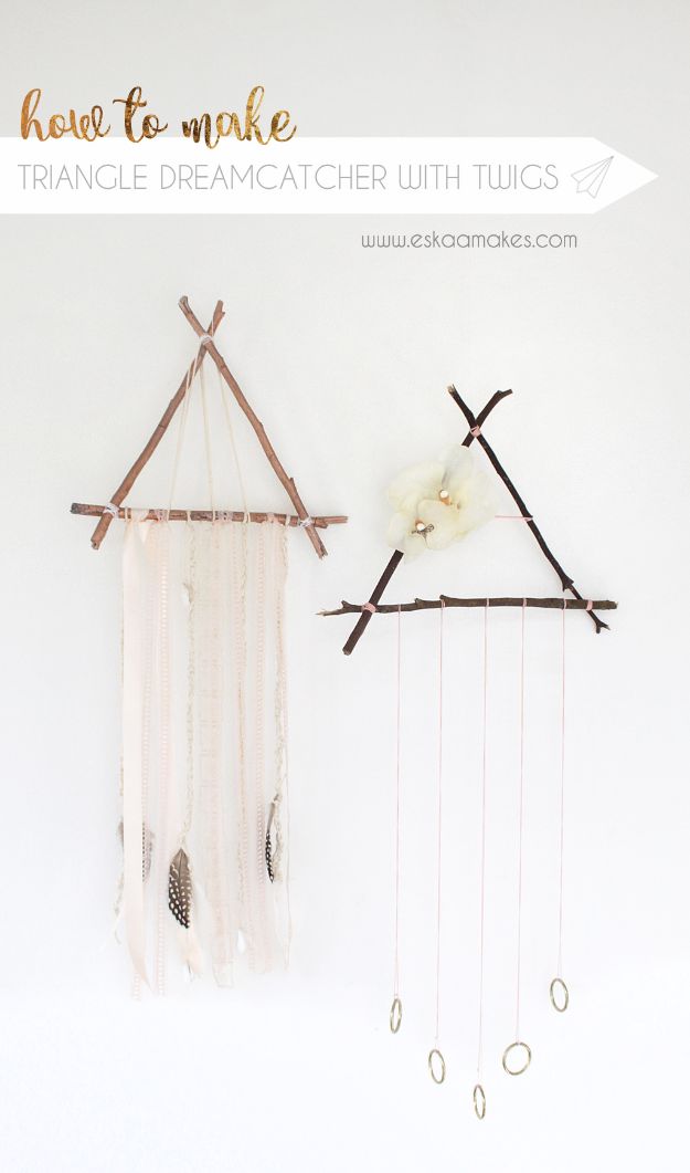 DIY Dream Catchers - Triangle Dreamcatcher with Twigs - How to Make a Dreamcatcher Step by Step Tutorial - Easy Ideas for Dream Catcher for Kids Room - Make a Mobile, Moon Designs, Pattern Ideas, Boho Dreamcatcher With Sticks, Cool Wall Hangings for Teen Rooms - Cheap Home Decor Ideas on A Budget http://diyprojectsforteens.com/diy-dreamcatchers