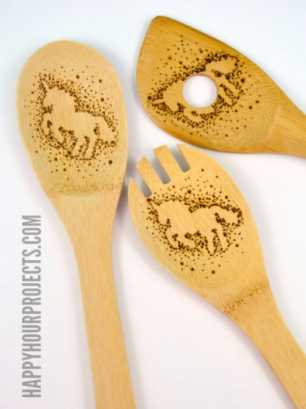 DIY Ideas With Unicorns - Unicorn Wood Burned Utensils - Cute and Easy DIY Projects for Unicorn Lovers - Wall and Home Decor Projects, Things To Make and Sell on Etsy - Quick Gifts to Make for Friends and Family - Homemade No Sew Projects and Pillows - Fun Jewelry, Desk Decor Cool Clothes and Accessories http://diyprojectsforteens.com/diy-ideas-unicorns