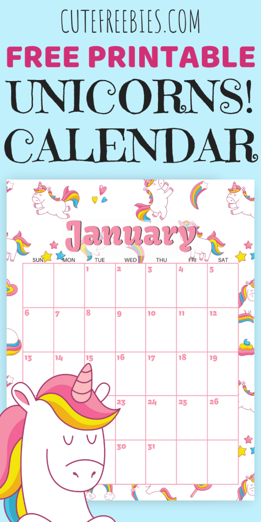 Cute unicorns calendar for 2019 FREE printable! With blank calendar template. Free 2019 calendar with unicorns for kids. #freeprintable #unicorns #cutefreebies