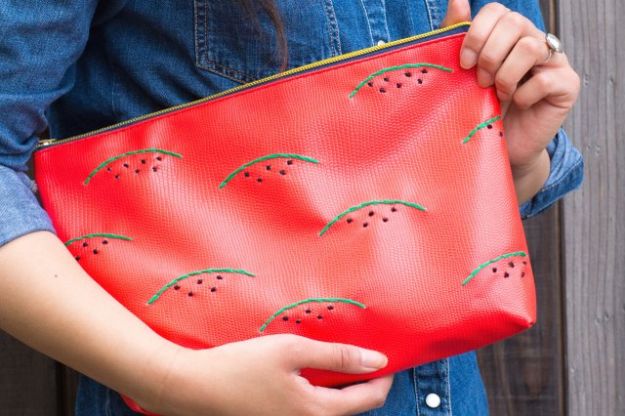 Watermelon Crafts - Watermelon Embroidered Clutch - Easy DIY Ideas With Watermelons - Cute Craft Projects That Make Cool DIY Gifts - Wall Decor, Bedroom Art, Jewelry Idea