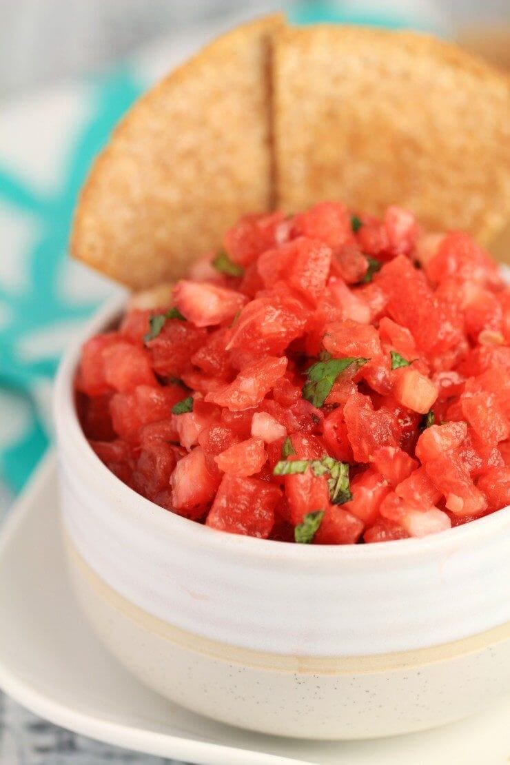 Watermelon Salsa with Cinnamon Tortilla Chips + 25 Mouth-Watering Watermelon Desserts...the perfect refreshment that shouts, "Summertime is here!"