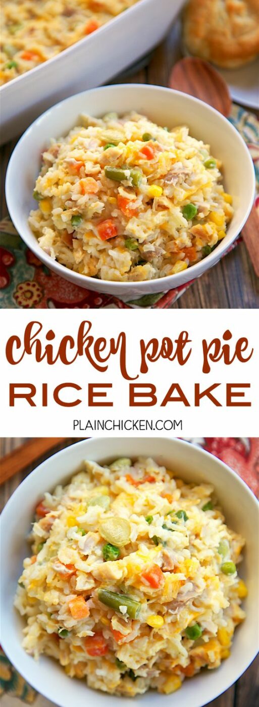 30 Minute Chicken Pot Pie Rice Bake Recipe via Plain Chicken - chicken, mixed vegetables, cheddar, cream of chicken, sour cream and rice. Ready in 30 minutes! A whole meal in one pan. No need for extra sides!! We love to serve this with some buttermilk biscuits to complete the meal. Everyone loves this easy casserole dish! - The BEST 30 Minute Meals Recipes - Easy, Quick and Delicious Family Friendly Lunch and Dinner Ideas #30minutemeals #30minutedinners #thirtyminutedinners #30minuterecipes #fastrecipes #easyrecipes #quickrecipes #mealprep