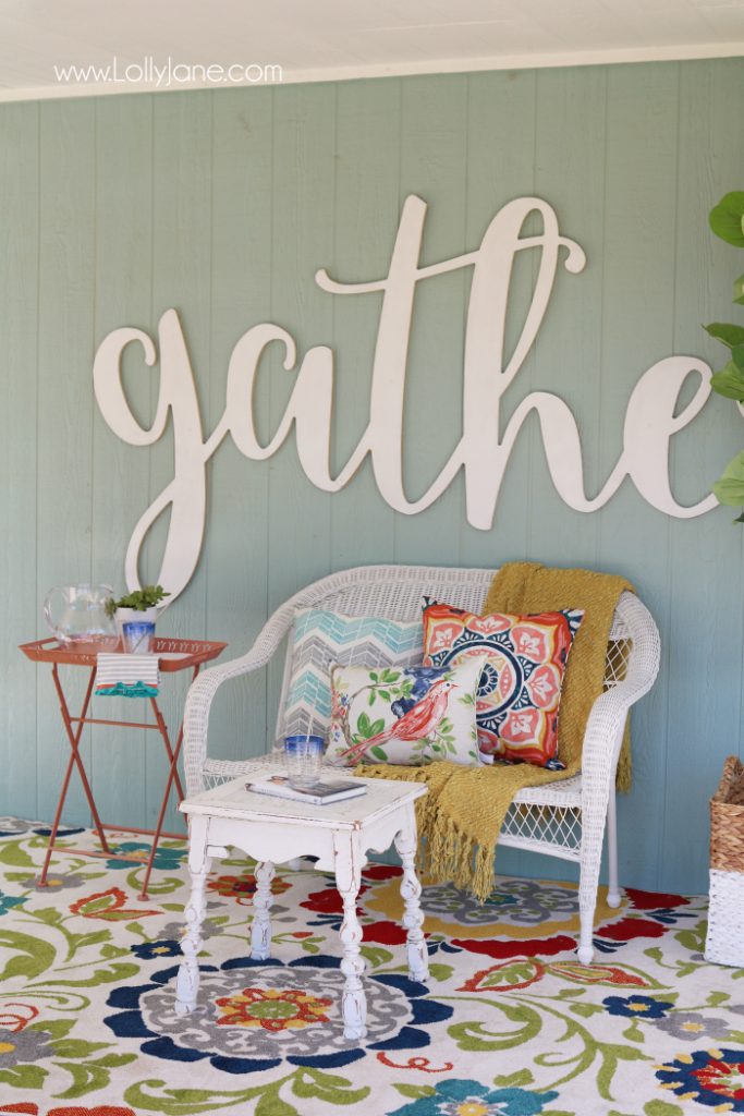 Love these affordable patio porch decor ideas! Add a neutral bench then fill it up with accessories for some easy decor ideas. Click through for inexpensive sources, so easy to create this back porch look!