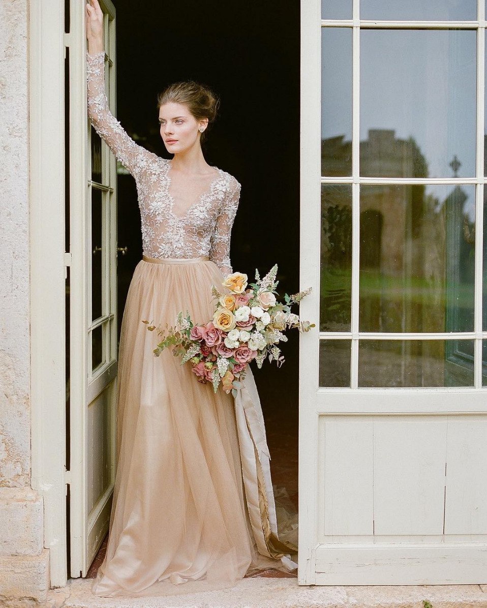 gold wedding dress with tulle maxi skirt