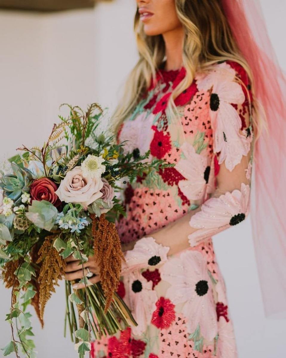 pink and red floral printed wedding dress