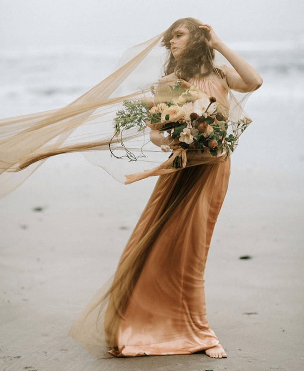 mustard wedding dress with colored veil