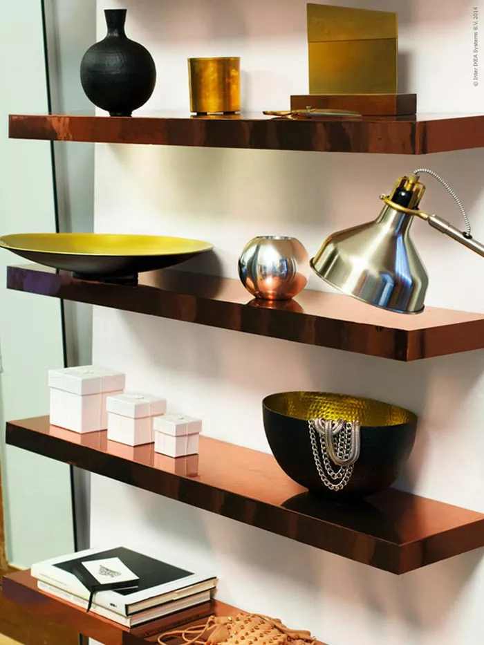 ikea shelves covered with copper contact paper