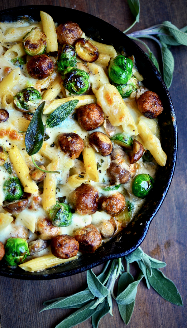 creamy mini meatball Brussels Sprout Penne | 25+ Brussels Sprout Recipes