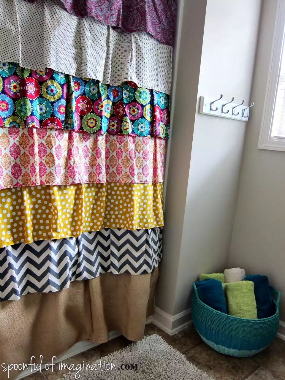 DIY ruffled mix and match fabric shower curtain