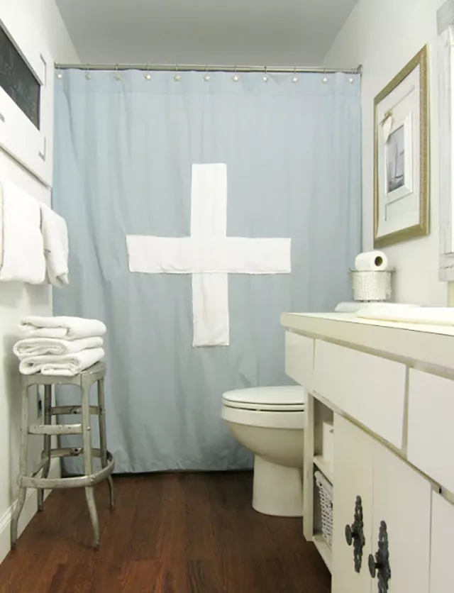 DIY light blue Swiss cross shower curtain