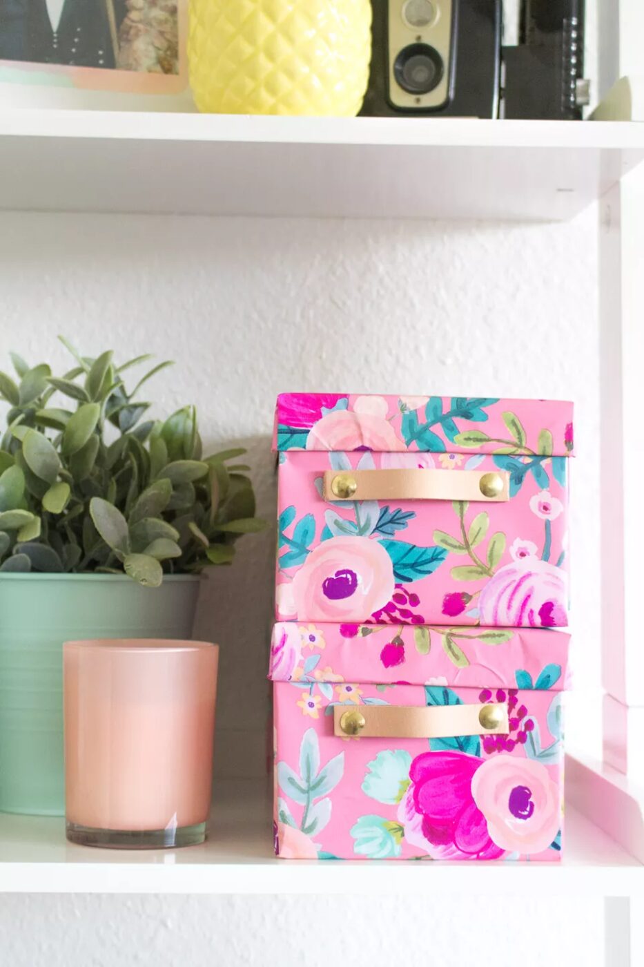 wrapping paper covered storage boxes