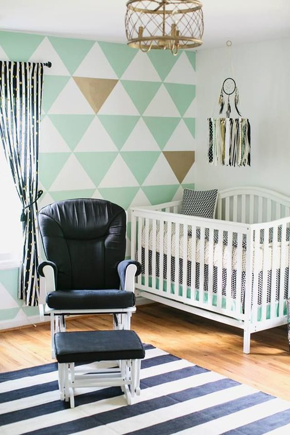 Very simple but beautiful! | Modern Mint, Black and White Nursery with Triangle Accent Wall