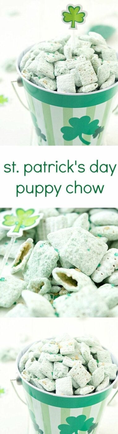 St. Patrick's Day Puppy Chow Recipe via Gal on a Mission - The perfect green and minty snack! Beware, it's highly addictive and you will not be able to stop! #easystpatricksdaydesserts #stpatricksday #stpatricksdayparty #stpatricksdaypartyfood #lucky #luckygreen #luckytreats #shamrocks #clovers #rainbowtreats #leprechantreats