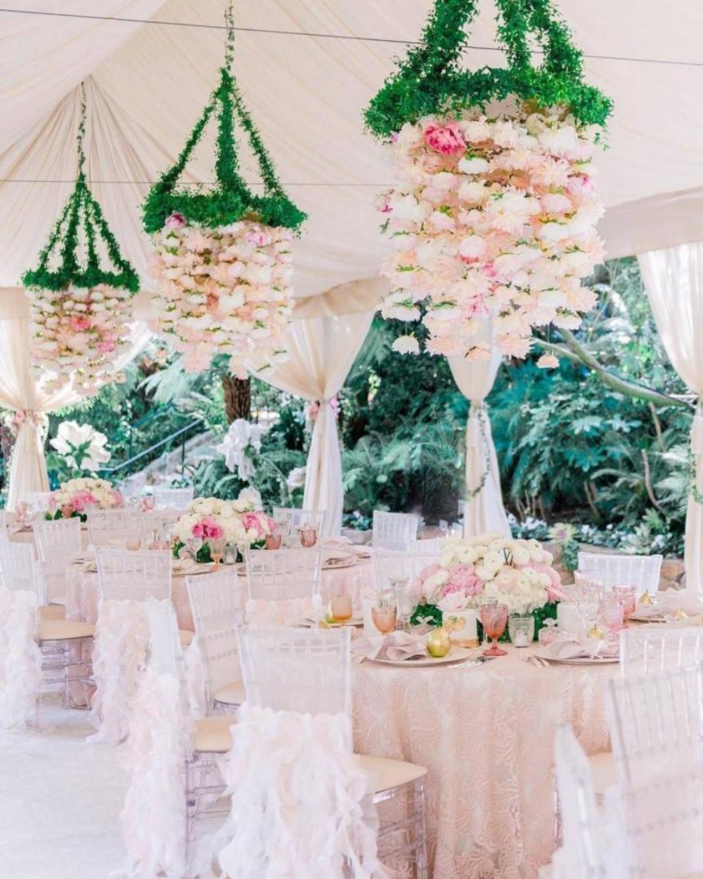 hanging flower chandelier for garden wedding reception