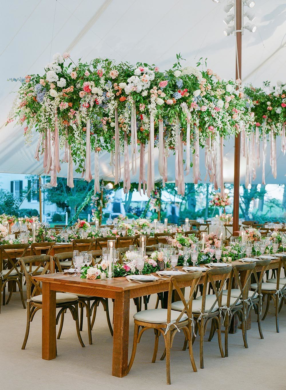 hanging floral wedding chandeliers with pink laces