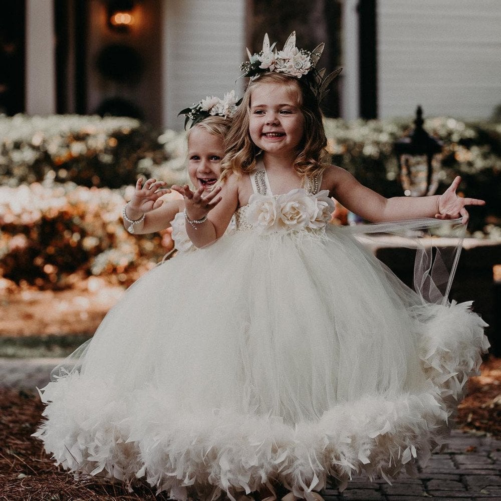large tutu flower girl dress with feathers
