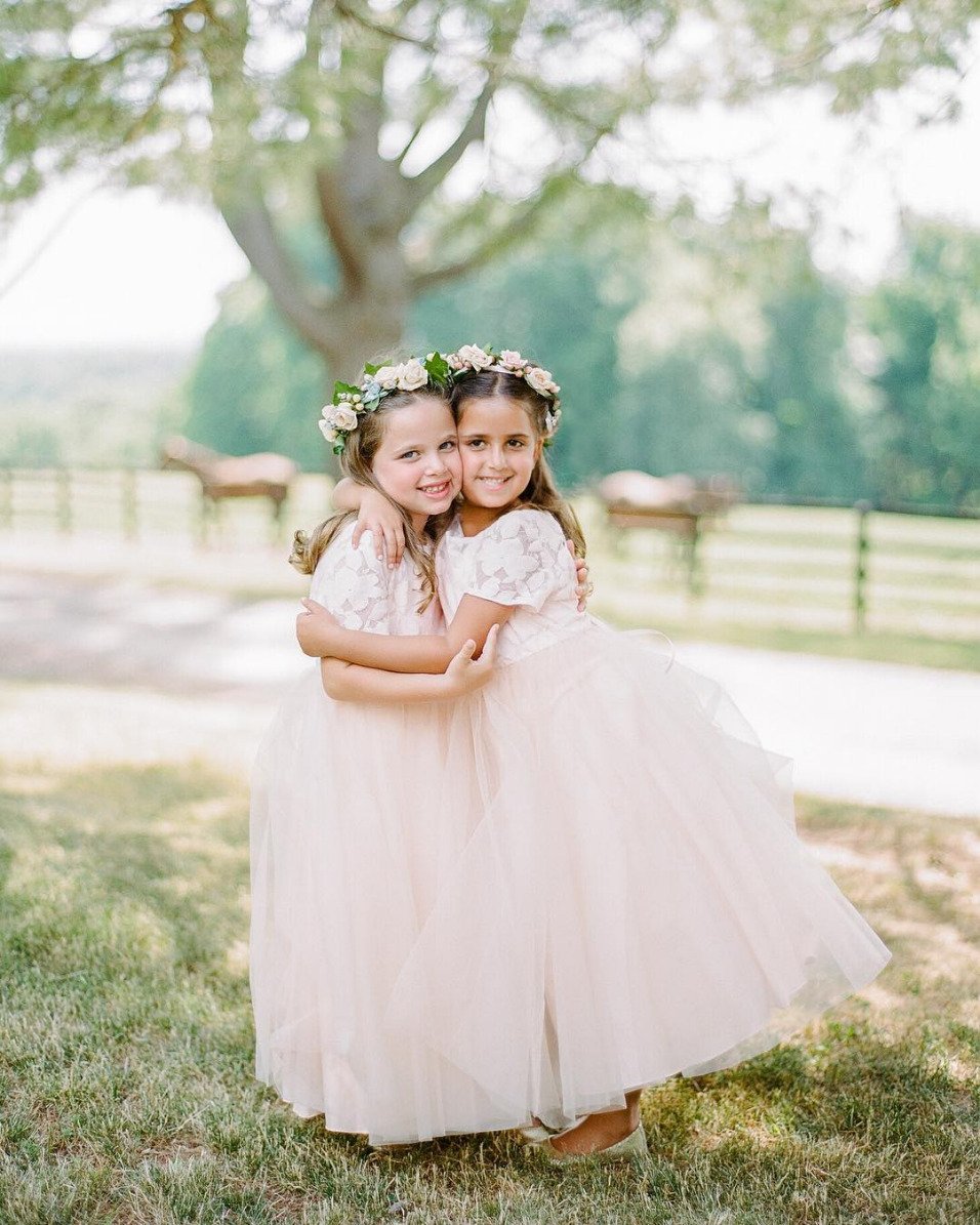 pink tulle and white lace flower girl dresses