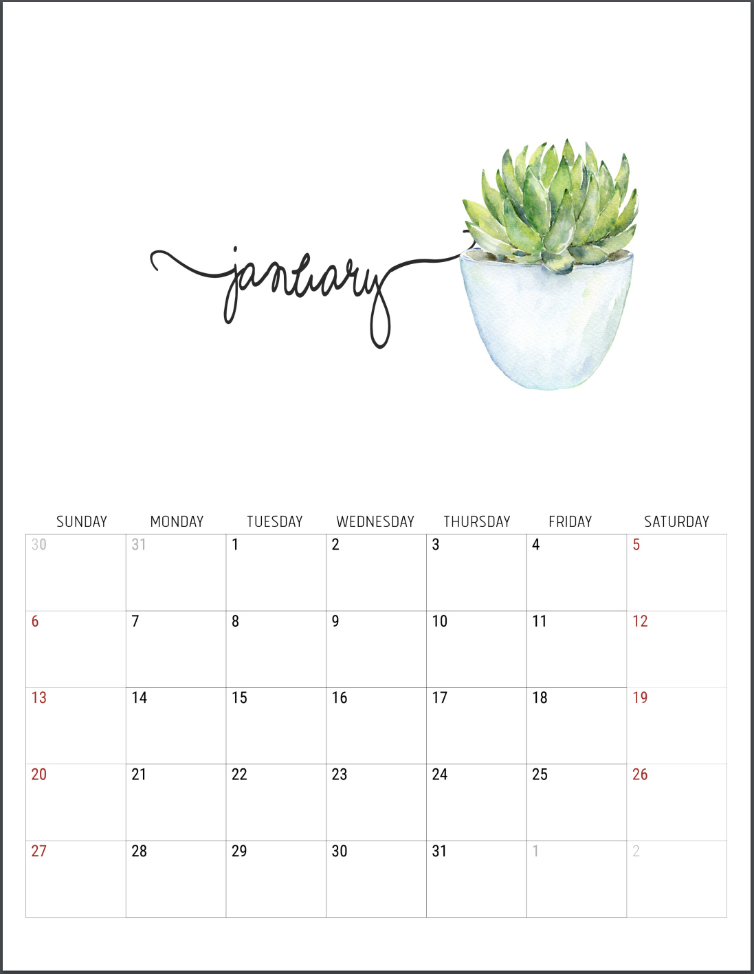 january 2019 free printable calendar