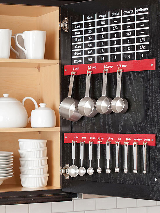 organize all your measuring cups on the inside of your cabinet door | 25+ Organization ideas for the home