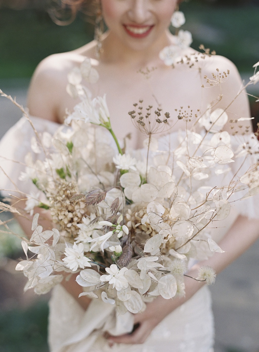 lunaria wedding bouquet with dried leaves