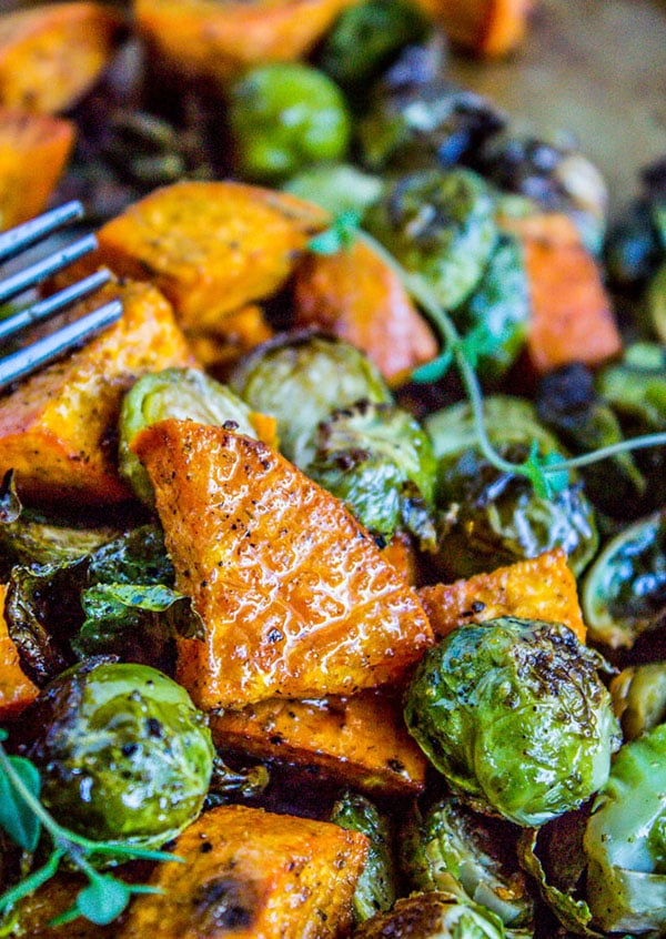 roasted Sweet Potatoes and Brussel Sprouts | 25+ Brussels Sprout Recipes