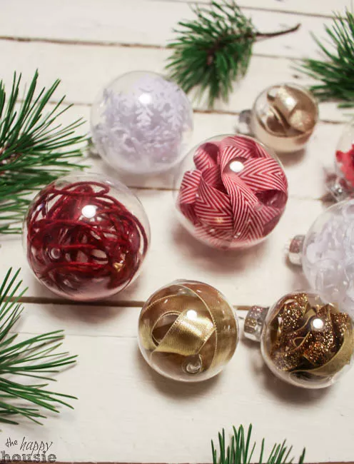 Filling clear glass ornaments with ribbon