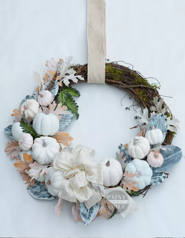 DIY fall wreath with white pumpkins